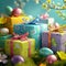 Brightly wrapped Easter gifts with colorful bows and ribbons