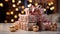 Brightly wrapped gift box on wooden table with glowing Christmas lights generated by AI