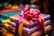 brightly wrapped gifts in a shopping cart