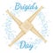Brigid`s Day beginning of spring pagan holiday text in a wreath of snowflakes with Brigid`s Cross. Vector postcard