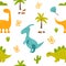 Brigt seamless pattern with cute dinos