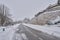 Brihuega, Spain - January 9, 2021: Main road of Brihuega (Spain) full of snow after the Filomena snowstorm