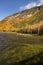 Brilliant fall foliage at Saco Lake in the White Mountains.