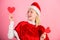 Bring love to family holiday christmas. I love christmas. Girl happy wear santa costume celebrate christmas pink