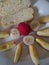 Brioche  roll apple slices banana on plate as breakfast