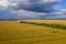 Briquettes of straw lying on the field of mown wheat, view from the quadcopter