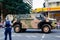 BRISBANE, AUSTRALIA - APRIL 25 2014: A soldier in an personnel carrier smiles at crowds in Brisbane`s annual Anzac Day Parade