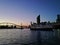 BRISBANE, AUSTRALIA - AUGUST 4, 2018: Peaceful twilight scene of Brisbane river sunset with a restaurant ferry. There is nobody in