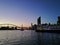 BRISBANE, AUSTRALIA - AUGUST 4, 2018: Peaceful twilight scene of Brisbane river sunset with a restaurant ferry. There is nobody in