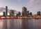 Brisbane CBD skyline with illuminated Victoria Bridge at night time