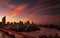 Brisbane city and river at sunset with high level clouds