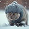 British breed cat in a hat and scarf walks through the snow