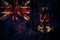 British, Britain, Cayman Islands flag on grunge metal background texture with scratches and cracks