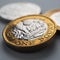 British coins lie on gray surfaceÑŽ. One pound sterling coin close up. Economy and money. Bank of England. UK currency and