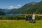 British Columbia, Canada - september, 2019 - Capilano River and the lions mountain with tourists