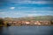 British countryside with houses, hills and lake