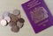 British Currency penny coins and passport