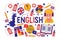 British english language learning class vector illustration. Brittish flag logo, England, dictionary, Big Ben, girls
