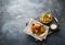 British Fish and chips with beer, top view with space