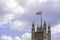 British flag on top of Victoria tower in London Uk.