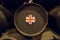 British flag on wooden wine barrels for sherry aging