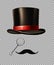 British gentleman vintage head elements set. Black tophat, glasses, moustache on transparent background. Realistic retro