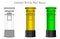 British, London colorful postbox, mailbox. Green, yellow mail box design. Black white, technic draw sketch and colored cylinder