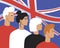 British people with great britain flag as patriotism concept, flat vector stock illustration with young, old men, women patriots