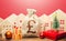 British pound sterling money bag and houses in a New Year`s setting. New Year or Xmas winter holiday. Increase in investment