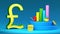 British Pound Sterling symbol on the background of multi-colored chart columns, arrows and coins. 3D rendering. Financial concept