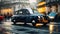 British taxi, black cab on city road, motion blur with beautiful lights reflection and focus on automobile