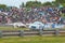 British Touring Car on the track at Thruxton with blurred background, panning effect