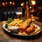 British Traditional Fish and chips with mashed peas, tartar sauce on wooden table