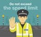 British traffic police officer stops the car and warning drivers to do not exceed the speed limit. Front view.