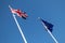 British Union Jack flag and European Union flag flying on flag poles