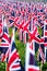 British United Kingdom UK Flags in a row with front focus and the further away symbols blurry with bokeh. The flags were set up on