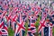 British United Kingdom UK Flags in a row with front focus and the further away symbols blurry with bokeh. The flags were set up on