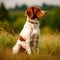 Brittany dog sitting on the green meadow in a summer green field. Brittany dog sitting on the grass with summer landscape in the