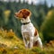 Brittany dog sitting on the green meadow in a summer green field. Brittany dog sitting on the grass with summer landscape in the