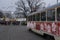 Brno christmas tram decoration in winter December. Czech republic festive christmas market season with ferris wheel on background.