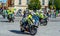 Brno, Czech Republic - 10.9.2021: Police is riding on motorbike at Brno main square Namesti Svobody before the police promise