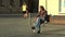 Brno, Czech Republic August 11, 2016: authentic emotion handicapped homeless man sitting on a bench and eating