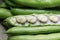 Broad beans close up, green, raw and fresh shelled fava beans and seed pods