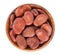 Broad beans in wooden bowl, isolated on white background. Dry fava beans. Top view.