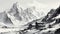 Broad Peak: A Stunning Black And White Digital Painting Of A Snowy Mountain Settlement