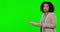 Broadcast, green screen and woman face with mockup of journalist speaking and presenting info. Portrait, isolated and