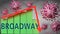 Broadway and Covid-19 virus, symbolized by viruses and a price chart falling down with word Broadway to picture relation between