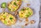 Broccoli, Cheese and Mushroom Chowder Potato. View from above, top studio shot.