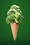 Broccoli in a ice cream comb over green background. Generative Ai