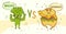 Broccoli man vs Hamburger guy. Cute kawaii cartoon persons. Flat line design. Healthy vegan food and unhealthy fast food character